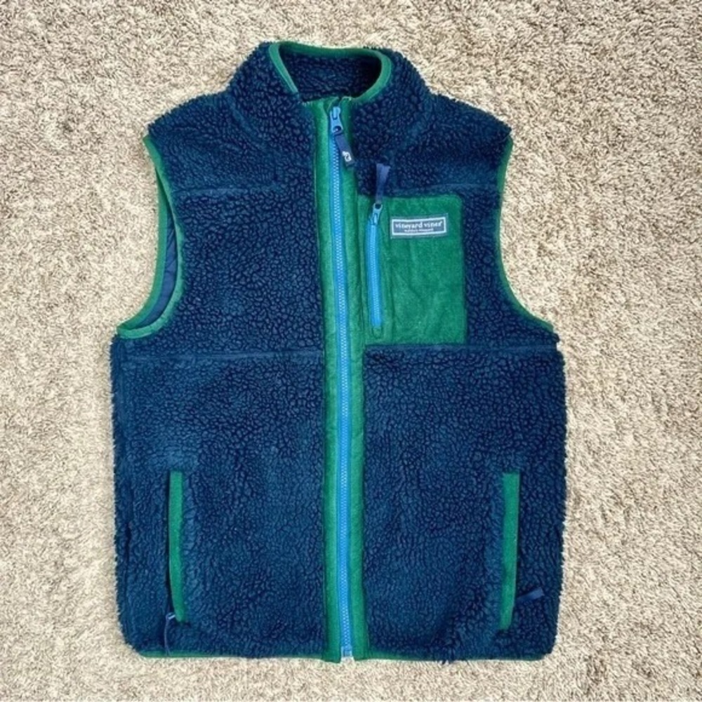 Vineyard Vines I Mens Sherpa Fleece Vest I Navy Green Full Zip Pockets I Size L